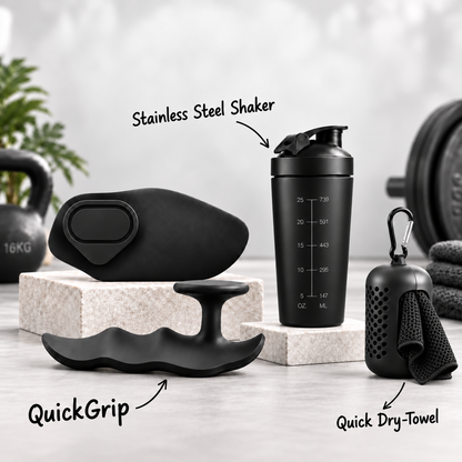 QuickGrip - Grips + Stainless Steel Shaker + Gym Towel