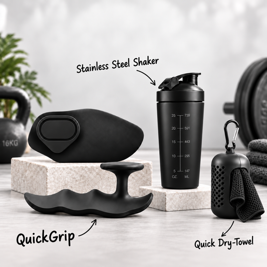 QuickGrip - Grips + Stainless Steel Shaker + Gym Towel